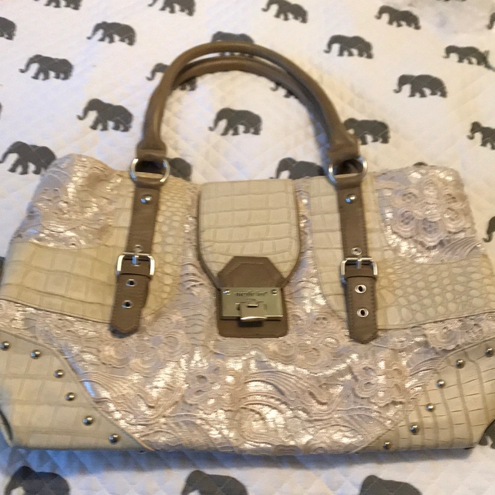 Nicole Lee lace and alligator print tote bag